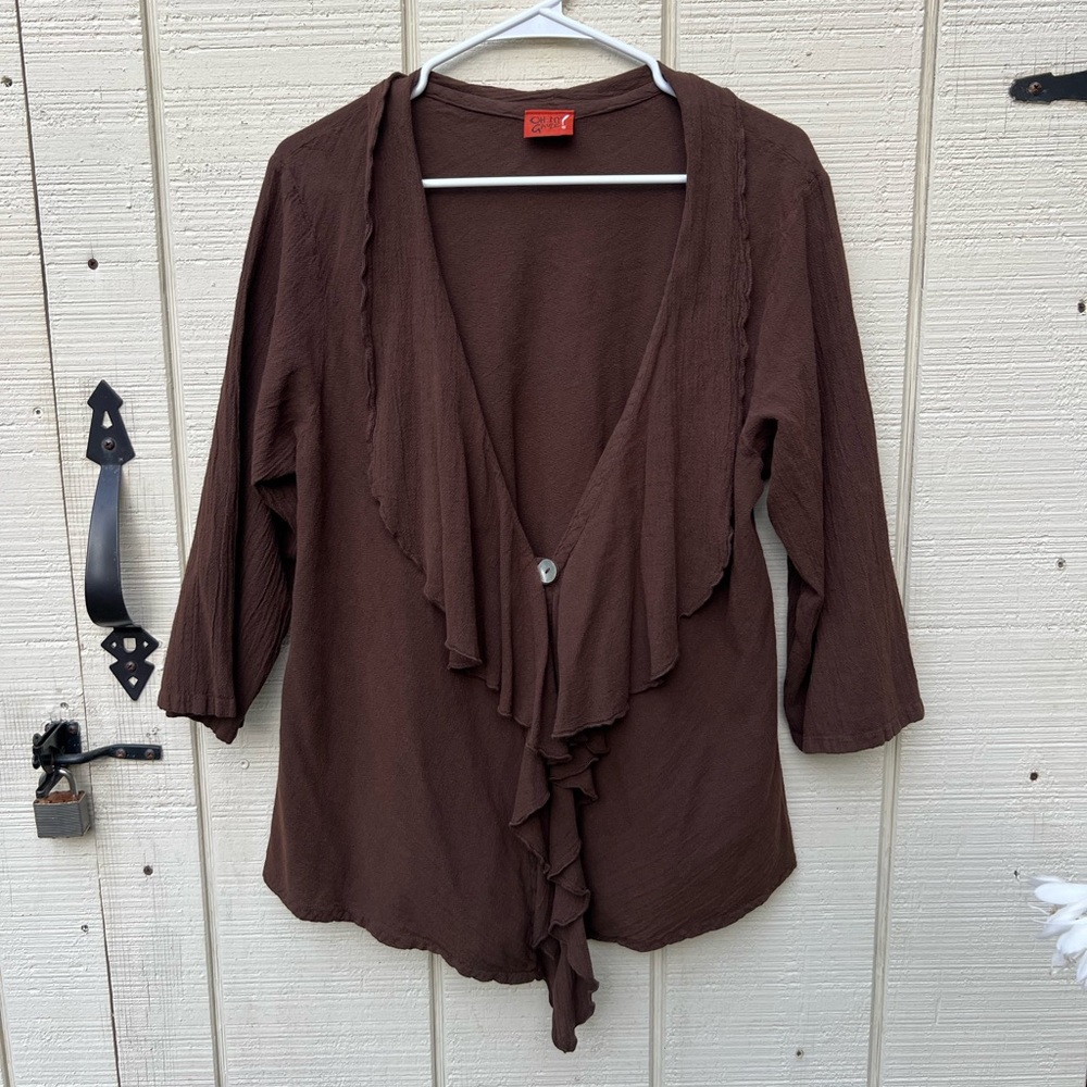 Oh My Gauze Women's  Cardigan Sz‎ M Brown Cascade Waterfall One Button Lagenlook